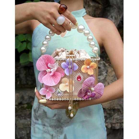 ⚡ Women's Multi Flower Shaped Rhinestone Evening Metallic Bucket Crossbody Bag - Picture 7 of 9